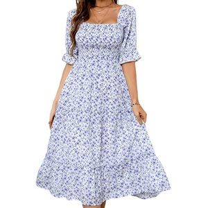 Women Summer Floral Maxi Dress, Lady Spring Square Neck Short Puff Sleeve